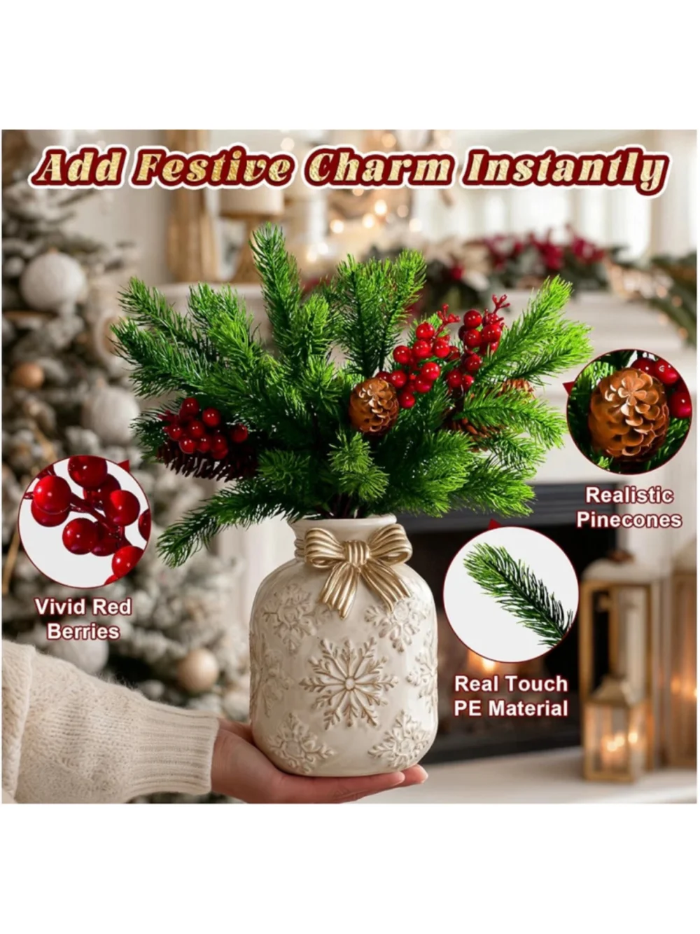 NEW 2 Large PCs Faux Pine Tree Berry Branches Wedding Holiday Centerpieces